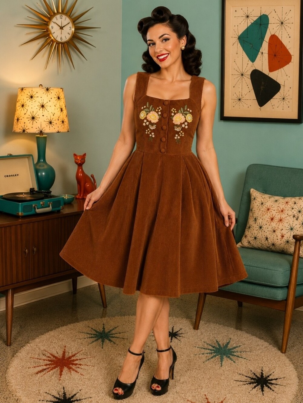 Brown Corduroy Midi Dress with Floral Embroidery
